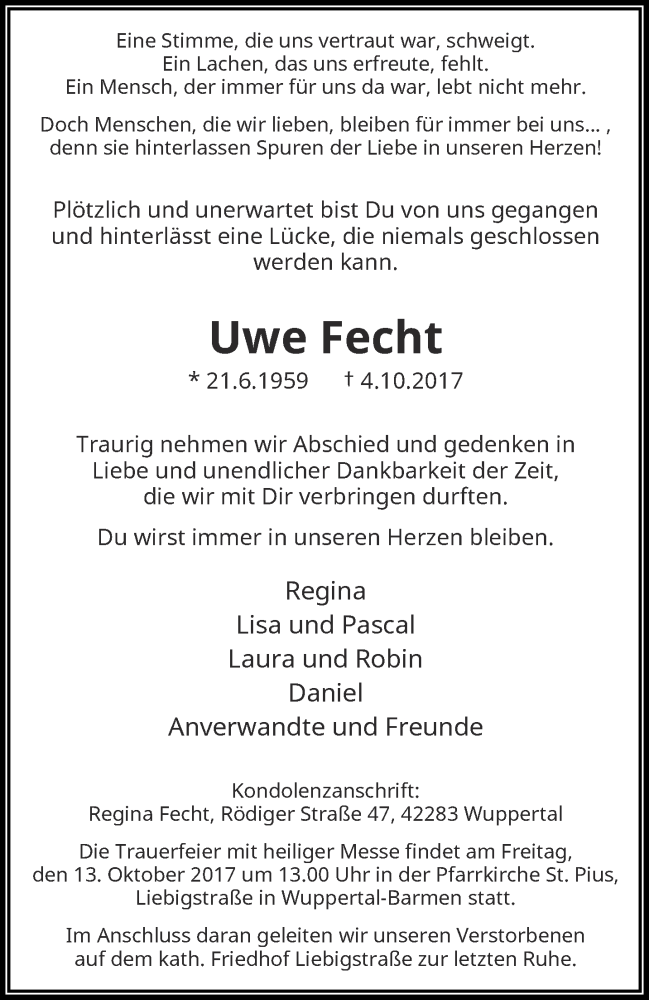  Traueranzeige für Uwe Fecht vom 11.10.2017 aus trauer.wuppertaler-rundschau.de