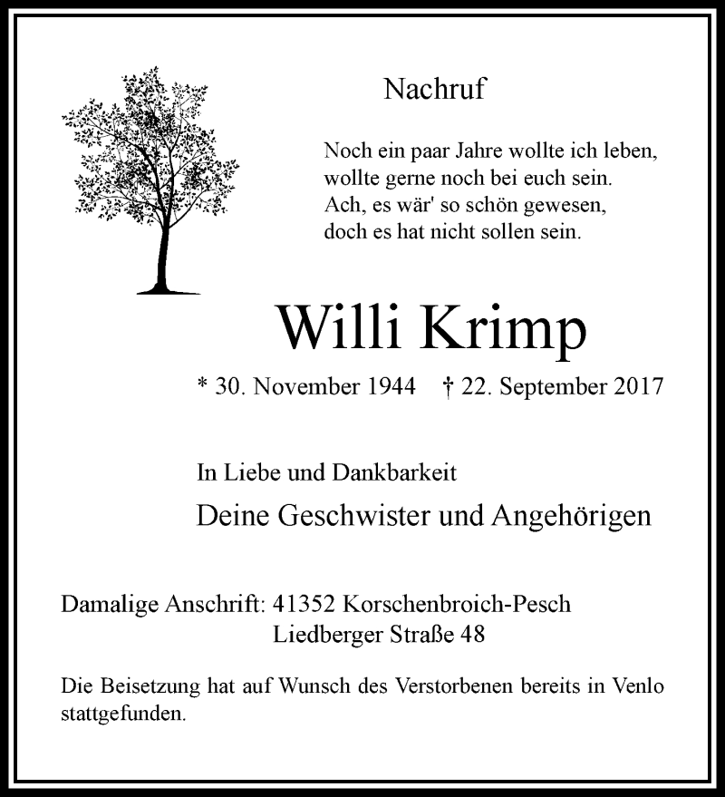  Traueranzeige für Willi Krimp vom 08.10.2017 aus trauer.extra-tipp-moenchengladbach.de