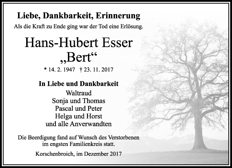  Traueranzeige für Hans-Hubert Esser vom 10.12.2017 aus trauer.extra-tipp-moenchengladbach.de