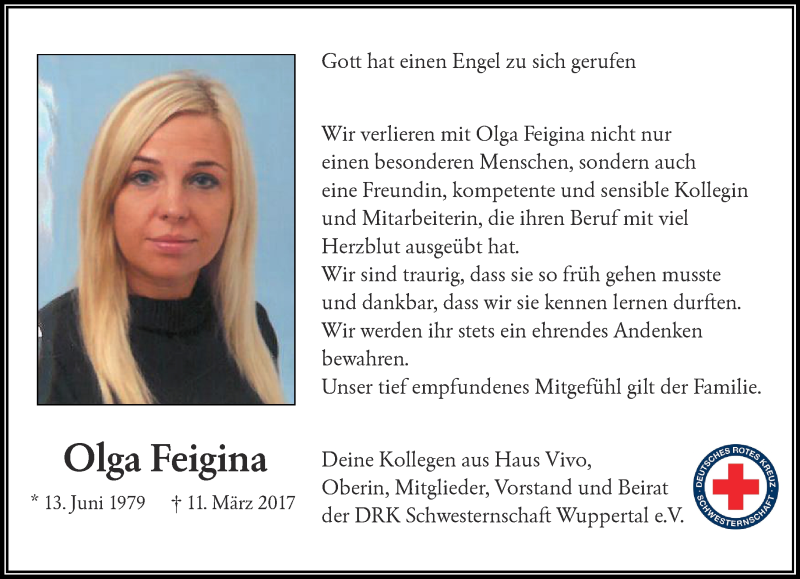  Traueranzeige für Olga Feigina vom 15.03.2017 aus trauer.wuppertaler-rundschau.de