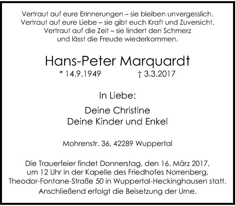  Traueranzeige für Hans-Peter Marquardt vom 11.03.2017 aus trauer.wuppertaler-rundschau.de