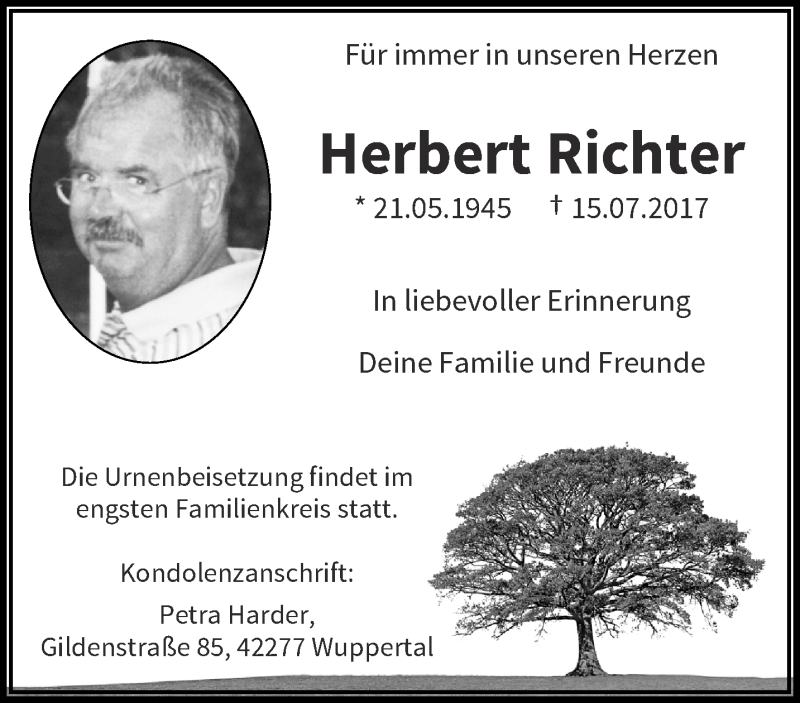  Traueranzeige für Herbert Richter vom 22.07.2017 aus trauer.wuppertaler-rundschau.de