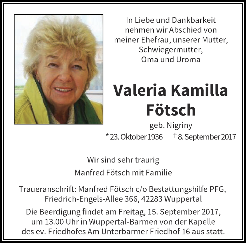  Traueranzeige für Valeria Kamilla Fötsch vom 13.09.2017 aus trauer.wuppertaler-rundschau.de