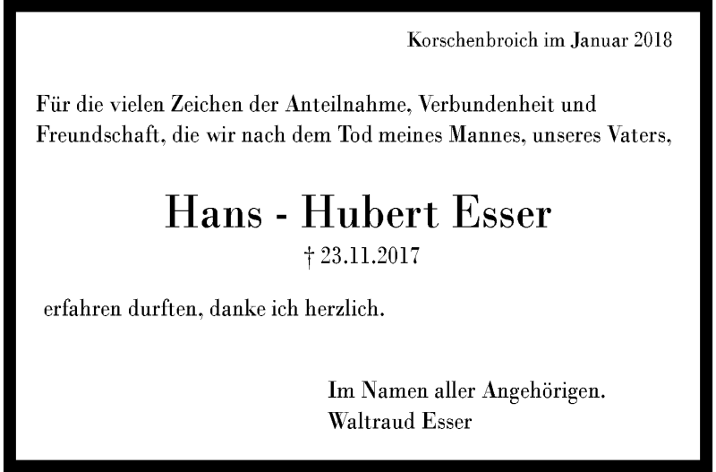  Traueranzeige für Hans-Hubert Esser vom 14.01.2018 aus trauer.extra-tipp-moenchengladbach.de