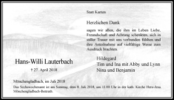 Traueranzeige von Hans-Willi Lauterbach von trauer.extra-tipp-moenchengladbach.de