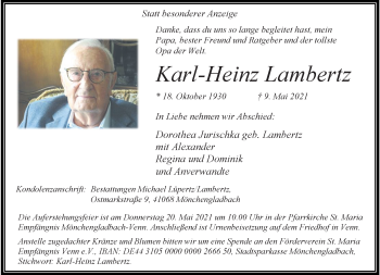 Traueranzeige von Karl-Heinz Lambertz von trauer.extra-tipp-moenchengladbach.de