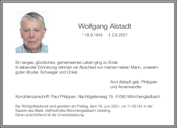 Traueranzeige von Wolfgang Alstadt von trauer.extra-tipp-moenchengladbach.de