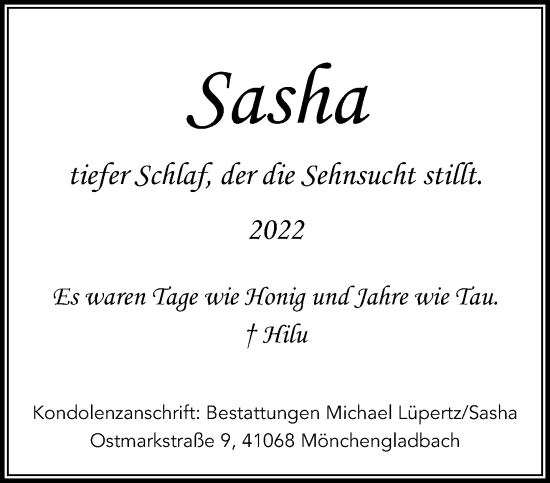 Traueranzeige von Sasha  von trauer.extra-tipp-moenchengladbach.de