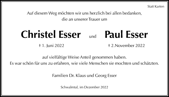 Traueranzeige von Christel und Paul Esser von trauer.extra-tipp-moenchengladbach.de