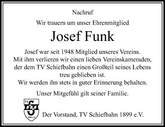 Traueranzeige von Josef Funk von trauer.extra-tipp-moenchengladbach.de
