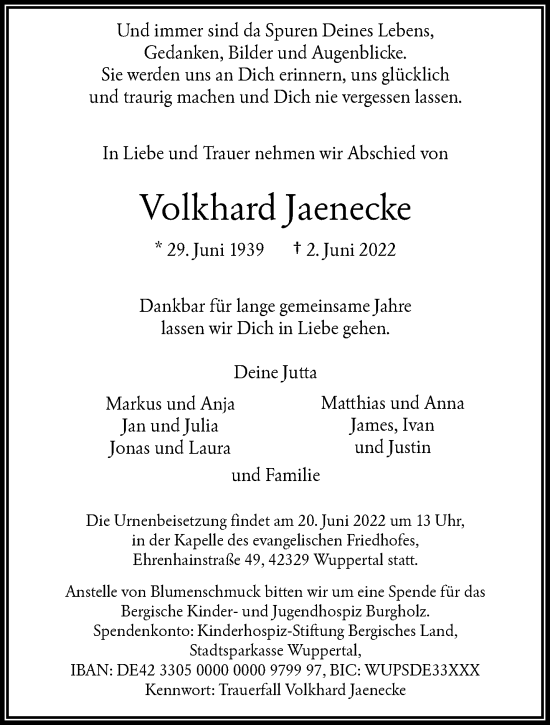 Traueranzeige von Volkhard Jaenecke von trauer.wuppertaler-rundschau.de