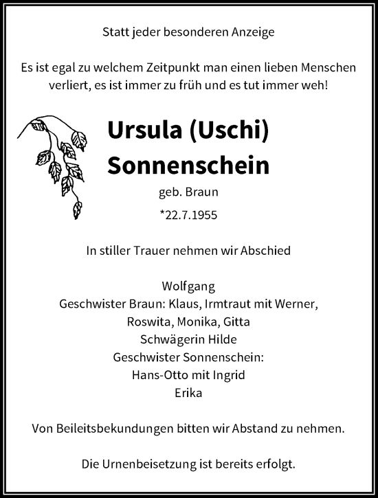 Traueranzeige von Ursula Sonnenschein von trauer.wuppertaler-rundschau.de