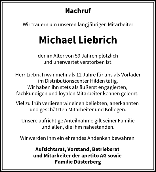 Traueranzeige von Michael Liebrich von trauer.wuppertaler-rundschau.de