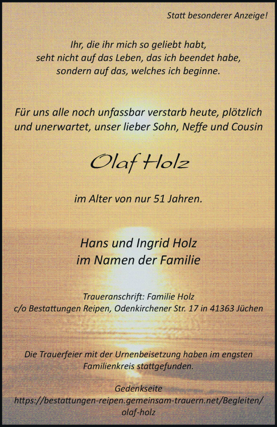 Traueranzeige von Olaf Holz von trauer.stadt-kurier.de