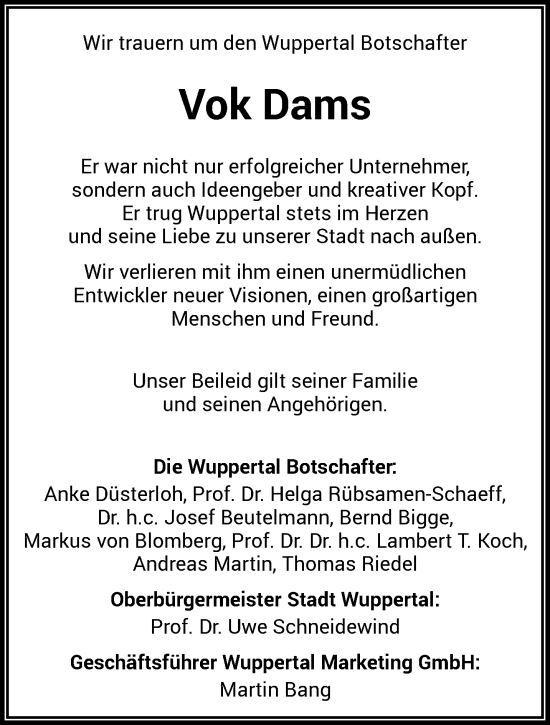 Traueranzeige von Vok Dams von trauer.wuppertaler-rundschau.de