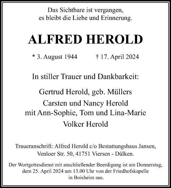 Traueranzeige von Alfred Herold von trauer.extra-tipp-moenchengladbach.de
