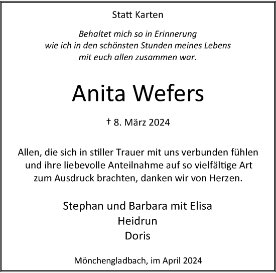 Traueranzeige von Anita Wefers von trauer.extra-tipp-moenchengladbach.de