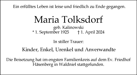 Traueranzeige von Maria Tolksdorf von trauer.extra-tipp-moenchengladbach.de
