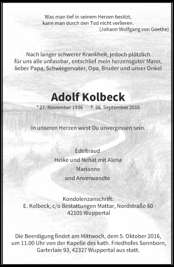 Traueranzeige von Adolf Kolbeck von trauer.wuppertaler-rundschau.de