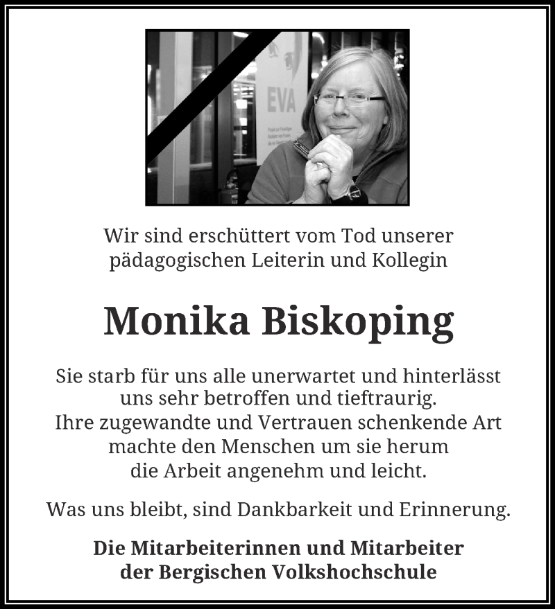  Traueranzeige für Monika Biskoping vom 05.11.2016 aus trauer.wuppertaler-rundschau.de