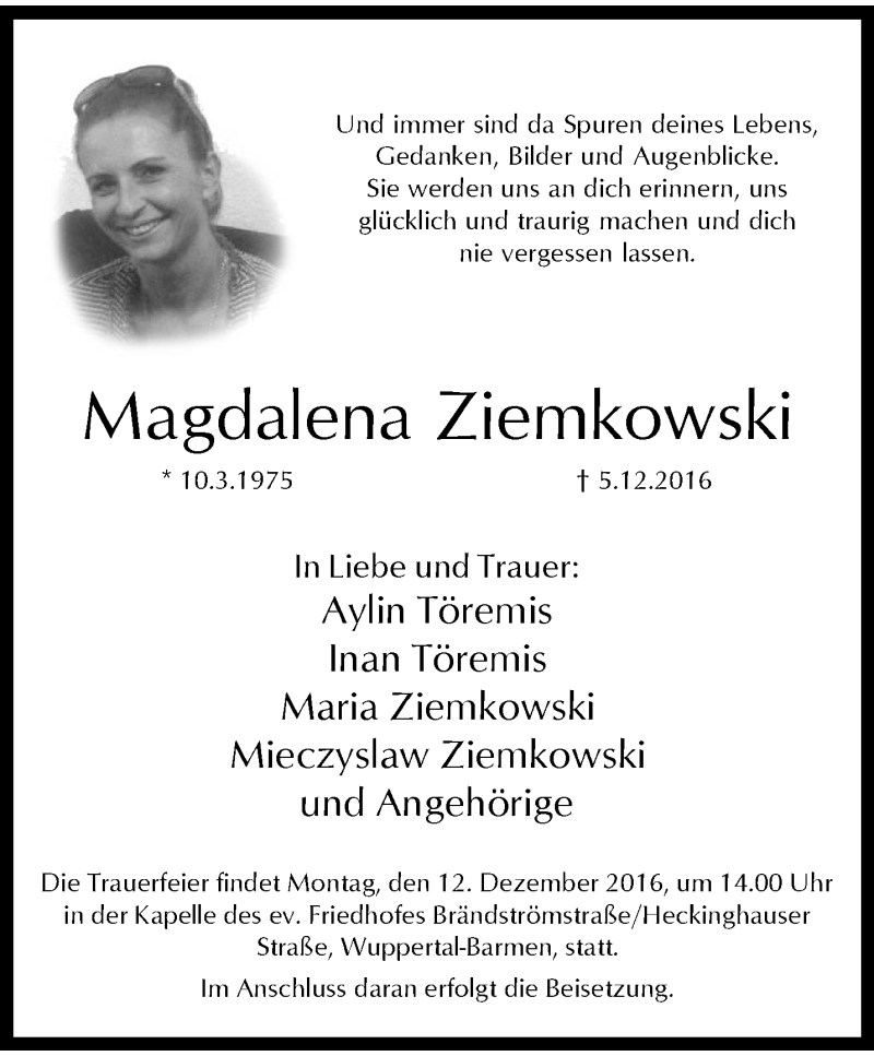  Traueranzeige für Magdalena Ziemkowski vom 10.12.2016 aus trauer.wuppertaler-rundschau.de