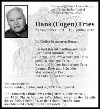 Traueranzeige von Hans  Fries von trauer.wuppertaler-rundschau.de