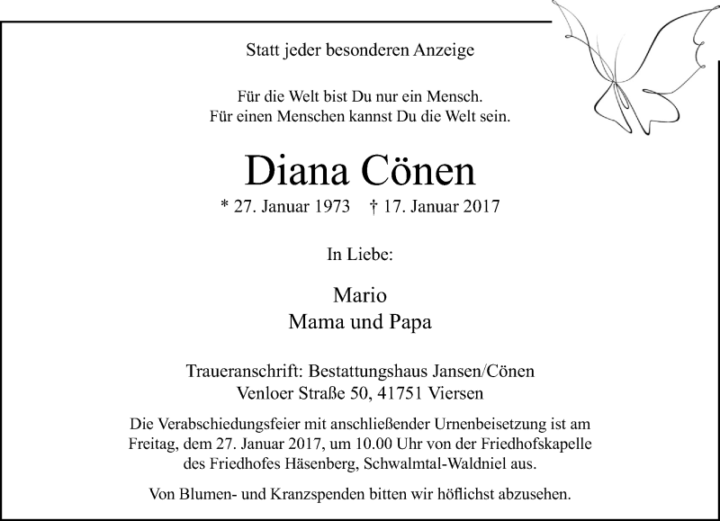  Traueranzeige für Diana Cönen vom 22.01.2017 aus trauer.extra-tipp-moenchengladbach.de