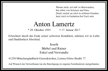 Traueranzeige von Anton Lamertz von trauer.extra-tipp-moenchengladbach.de