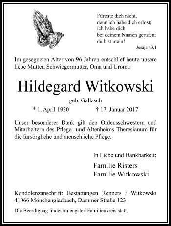 Traueranzeige von Hildegard Witkowski von trauer.extra-tipp-moenchengladbach.de