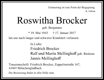 Traueranzeige von Roswitha Brocker von trauer.extra-tipp-moenchengladbach.de