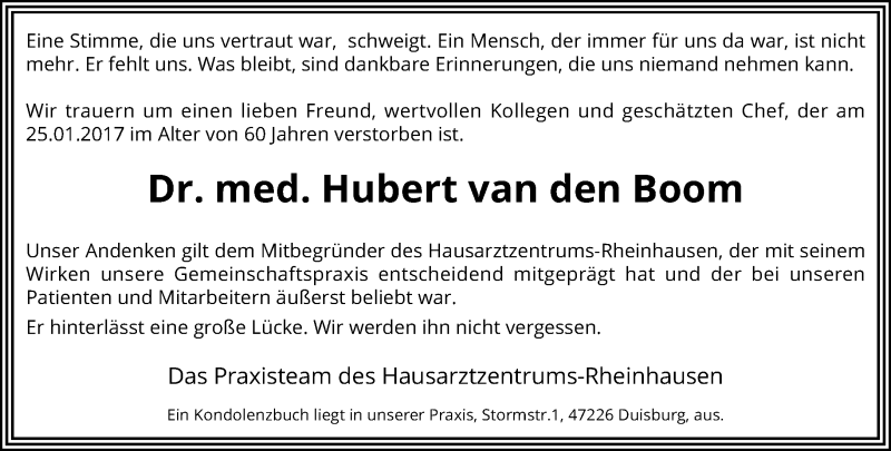  Traueranzeige für Hubert van den Boom vom 29.01.2017 aus trauer.stadt-panorame.de