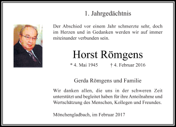 Traueranzeige von Horst Römgens von trauer.extra-tipp-moenchengladbach.de