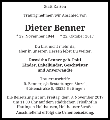 Traueranzeige von Dieter Benner von trauer.wuppertaler-rundschau.de