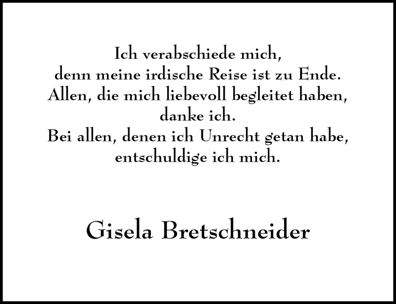  Traueranzeige für Gisela Bretschneider vom 21.10.2017 aus trauer.wuppertaler-rundschau.de
