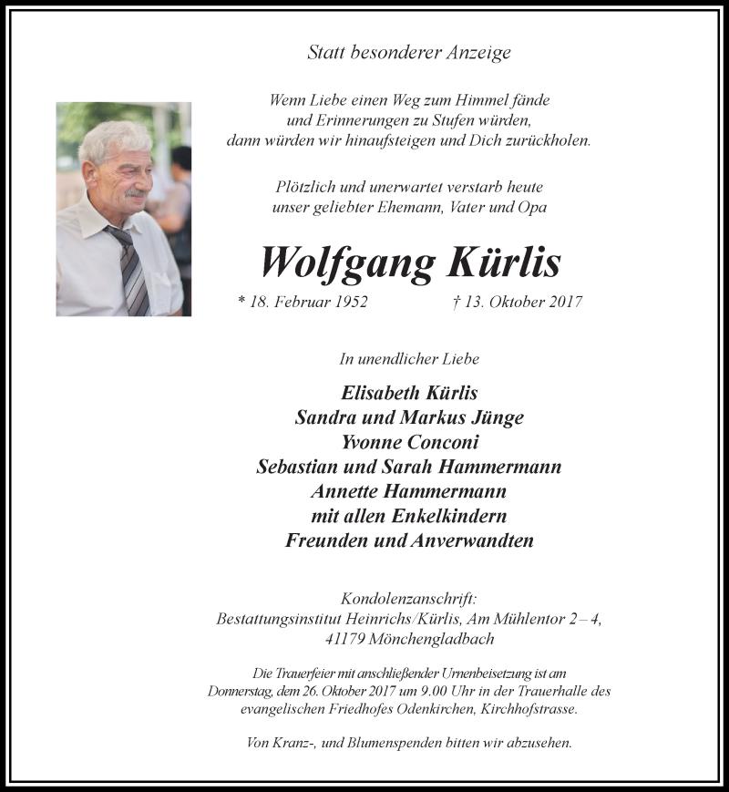  Traueranzeige für Wolfgang Kürlis vom 22.10.2017 aus trauer.extra-tipp-moenchengladbach.de