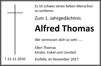 Traueranzeige von Alfred Thomas von trauer.mein.krefeld.de