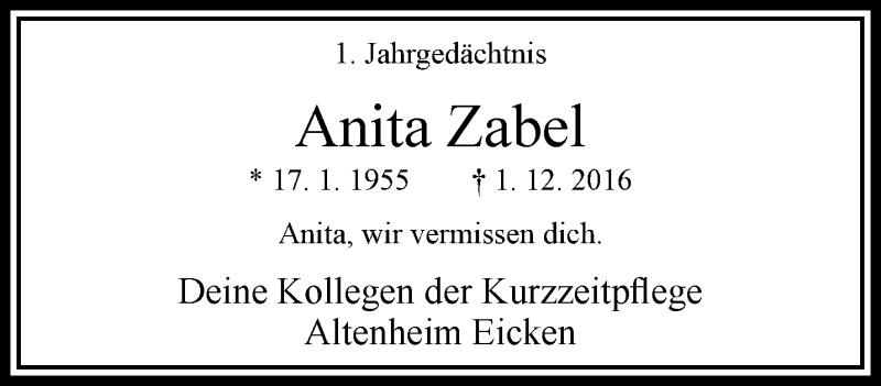  Traueranzeige für Anita Zabel vom 03.12.2017 aus trauer.extra-tipp-moenchengladbach.de
