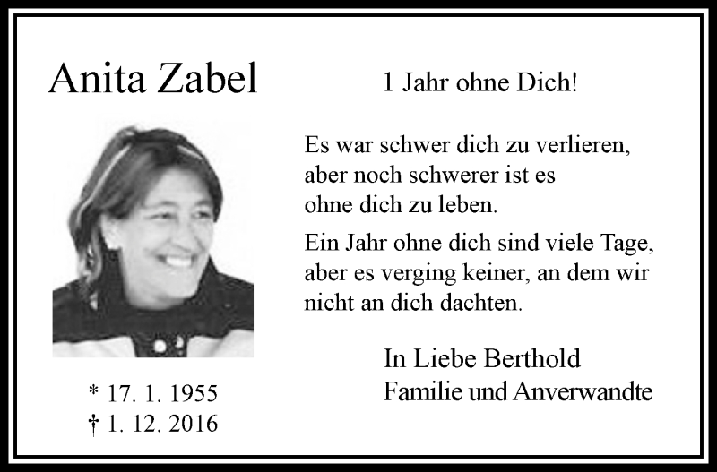  Traueranzeige für Anita Zabel vom 03.12.2017 aus trauer.extra-tipp-moenchengladbach.de