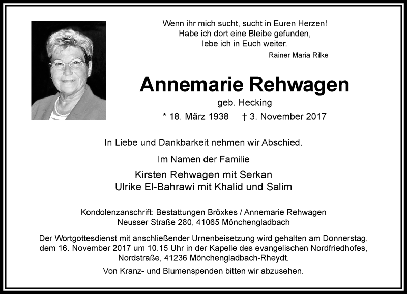  Traueranzeige für Annemarie Rehwagen vom 12.11.2017 aus trauer.extra-tipp-moenchengladbach.de