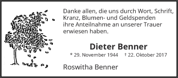 Traueranzeige von Dieter Benner von trauer.wuppertaler-rundschau.de