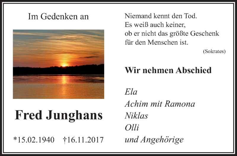 Traueranzeigen von Fred Junghans Trauer und Gedenken