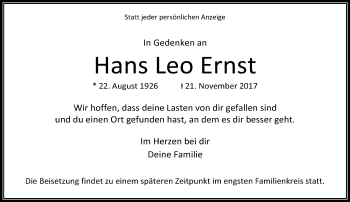 Traueranzeige von Hans Leo Ernst von trauer.extra-tipp-moenchengladbach.de