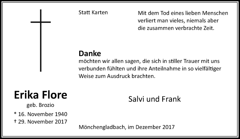  Traueranzeige für Erika Flore vom 24.12.2017 aus trauer.extra-tipp-moenchengladbach.de