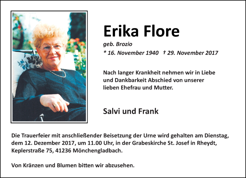  Traueranzeige für Erika Flore vom 10.12.2017 aus trauer.extra-tipp-moenchengladbach.de