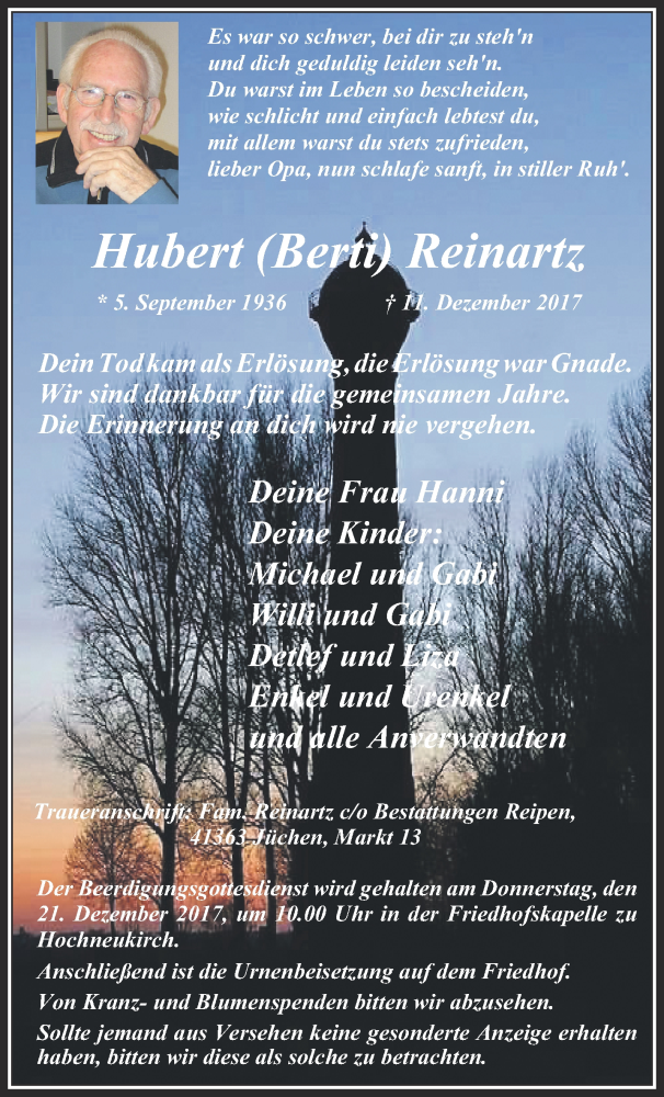  Traueranzeige für Hubert Reinartz vom 20.12.2017 aus trauer.stadt-kurier.de