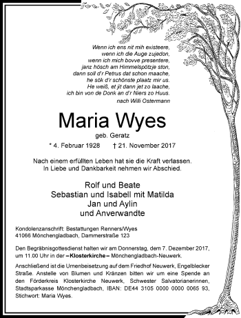 Traueranzeige von Maria Wyes von trauer.extra-tipp-moenchengladbach.de