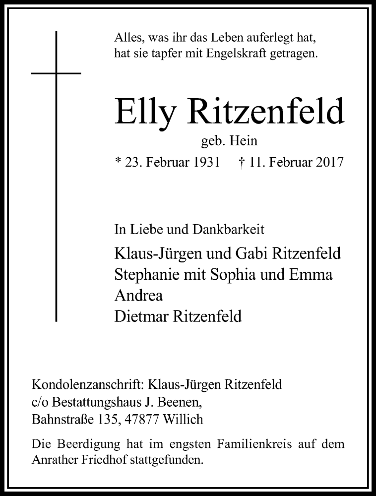  Traueranzeige für Elly Ritzenfled vom 22.02.2017 aus trauer.extra-tipp-moenchengladbach.de