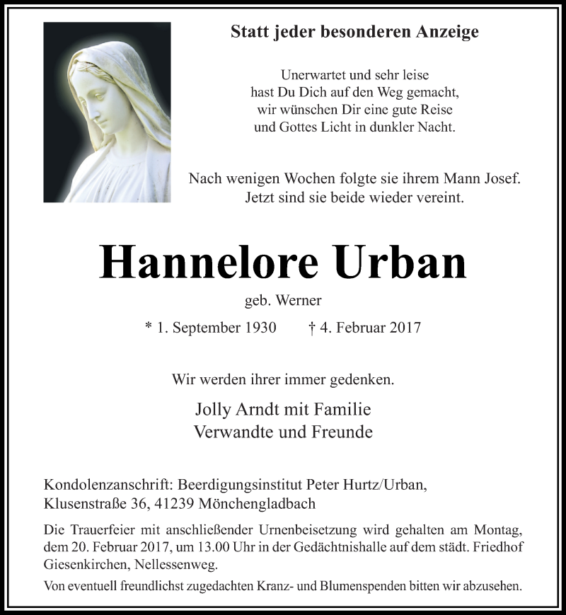  Traueranzeige für Hannelore Urban vom 12.02.2017 aus trauer.extra-tipp-moenchengladbach.de