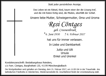 Traueranzeige von Resi Cöntges von trauer.extra-tipp-moenchengladbach.de