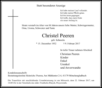 Traueranzeige von Christel Peeren von trauer.extra-tipp-moenchengladbach.de